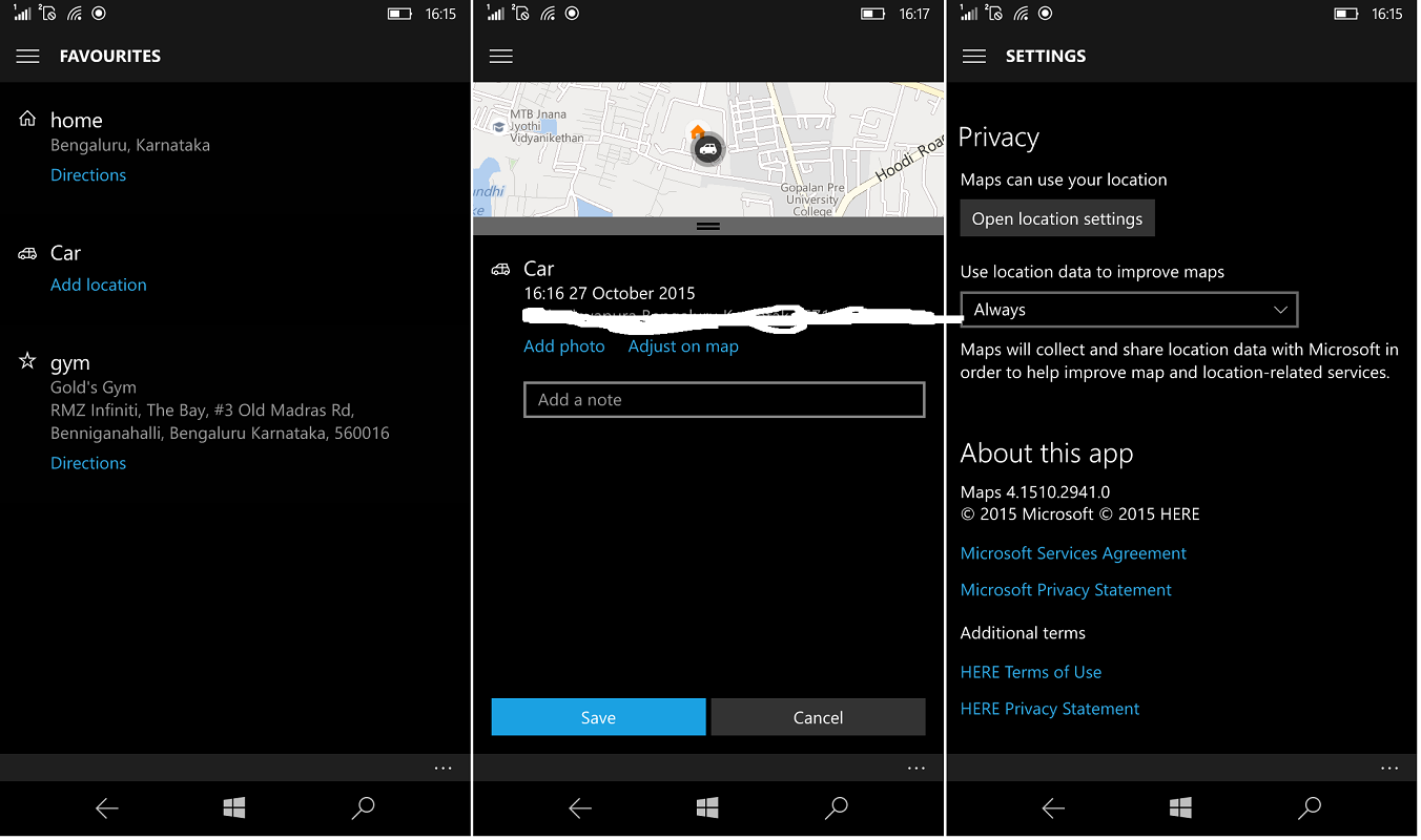 Windows 10 Mobile Maps update allows to save Car location. Two sets of ...